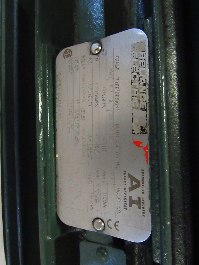 RELIANCE ELECTRIC AC MOTOR 40 HP 460 V 404U FRAME 1190 RPM B381834-010