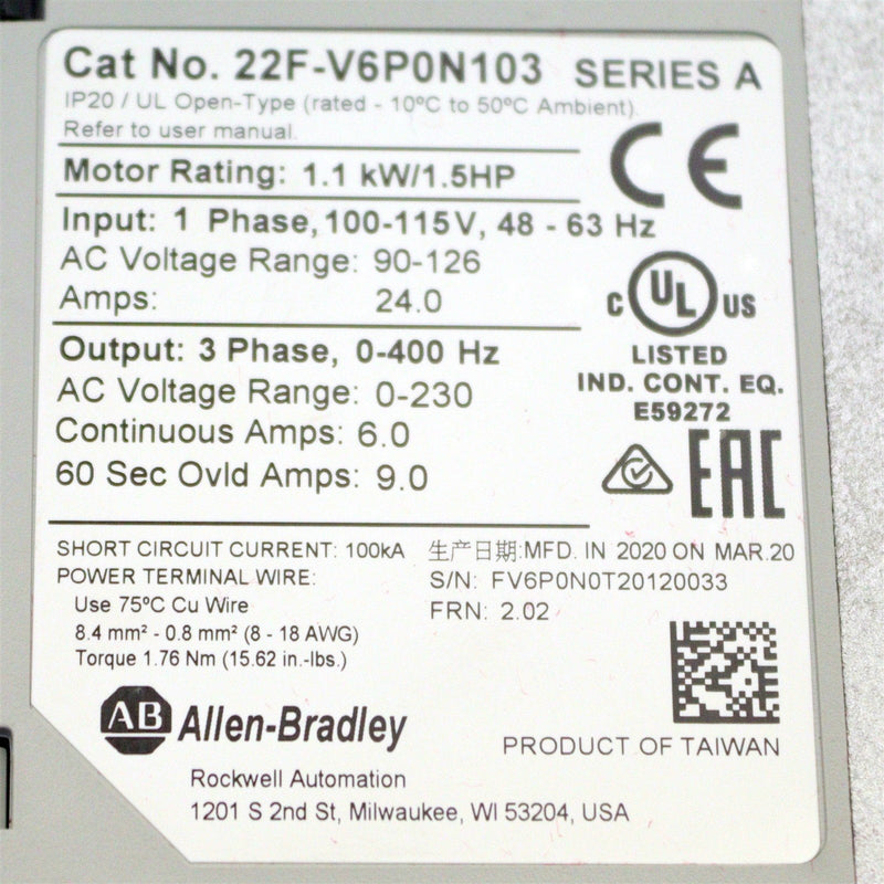 Allen-Bradley PowerFlex 4M 22F-V6P0N103 Ser. A