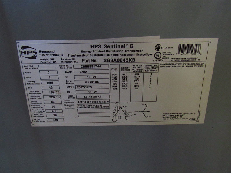 HPS HAMMOND SENTINEL G TRANSFORMER DELTA TO Y 45 KAV 480 208Y 120V SG3A0045KB