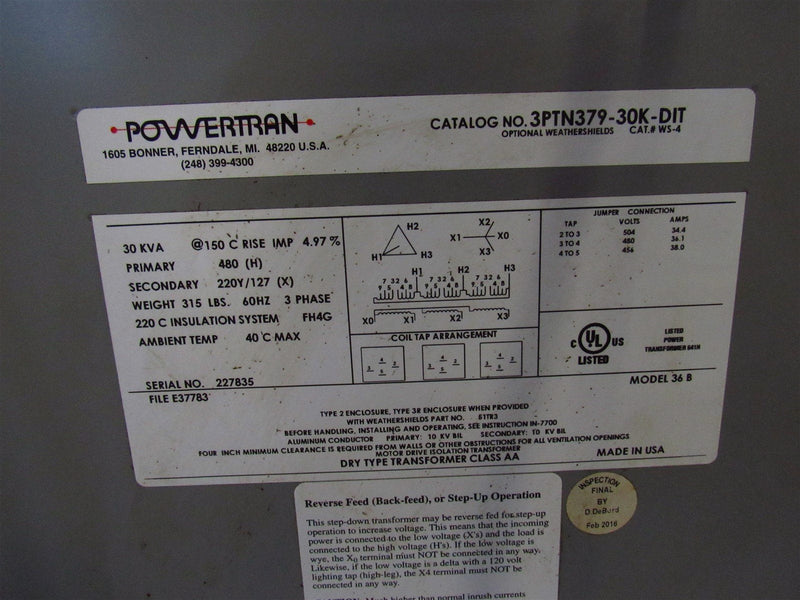 POWERTRAN TRANSFORMER DELTA TO Y 30 KVA 480 220Y 127 3PTN379-30K-DIT WS-4