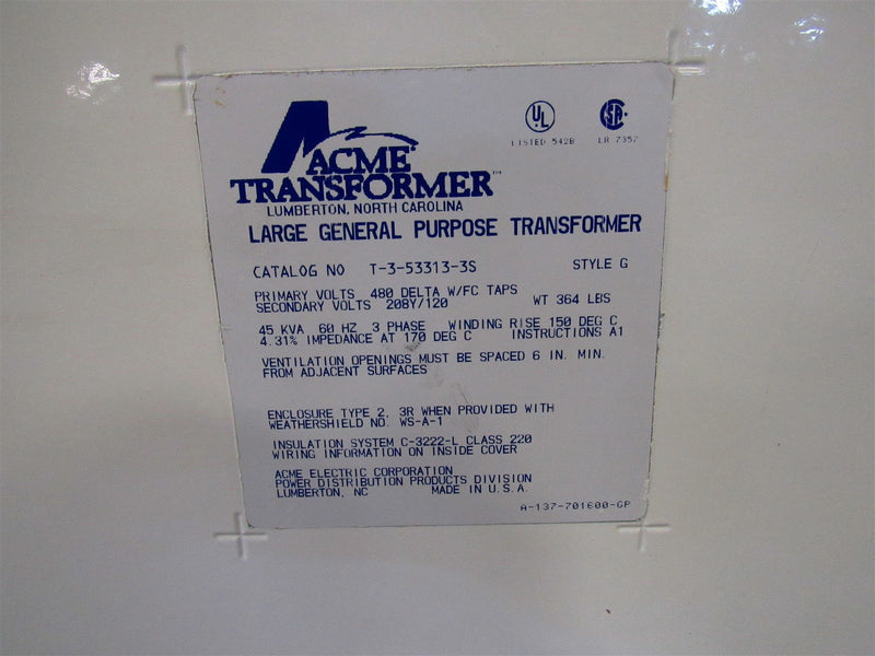 ACME TRANSFORMER 3 PHASE 480 DELTA 208 Y 120 45 KVA T-3-53313-3S