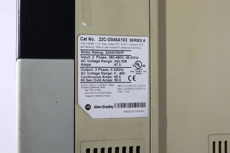 ALLEN BRADLEY POWERFLEX 400 AC DRIVE 22C-D045A103/A