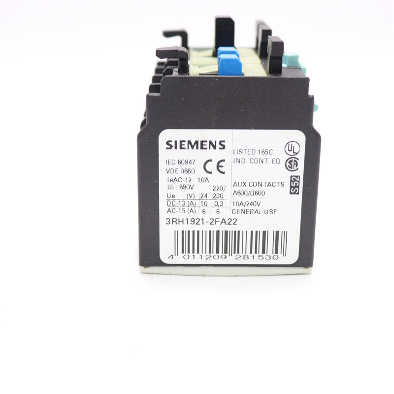 SIEMENS AUX CONTACT BLOCK 10 AMP 240 VOLT 3RH1921-2FA22