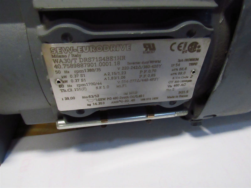 SEW EURODRIVE GEAR MOTOR WA30/T DRS71S4BE1HR