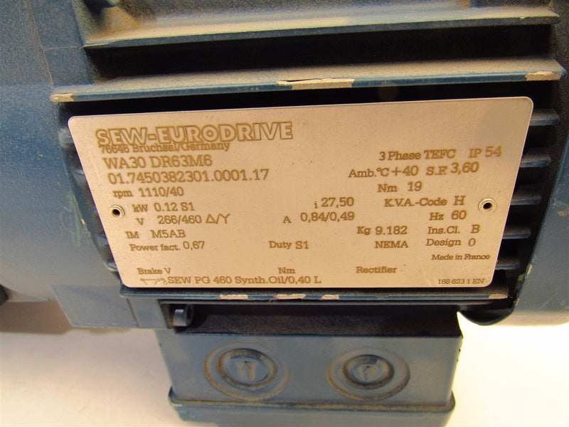 SEW EURODRIVE GEAR MOTOR WA30 DR63M6