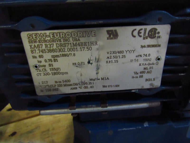 SEW EURODRIVE GEAR MOTOR KA67 R37 DRS71M4BE1HR