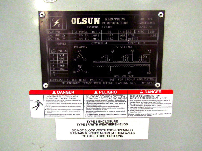 OLSUN ELECTRICS TRANSFORMER 150 KVA DELTA DELTA 480 LV 600 HV A68413 GT150NQ-4