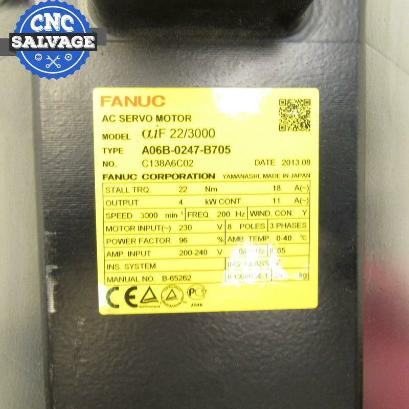 Fanuc AC Servo Motor 8P 3PH 200-240V 3000RPM A06B-0247-B705