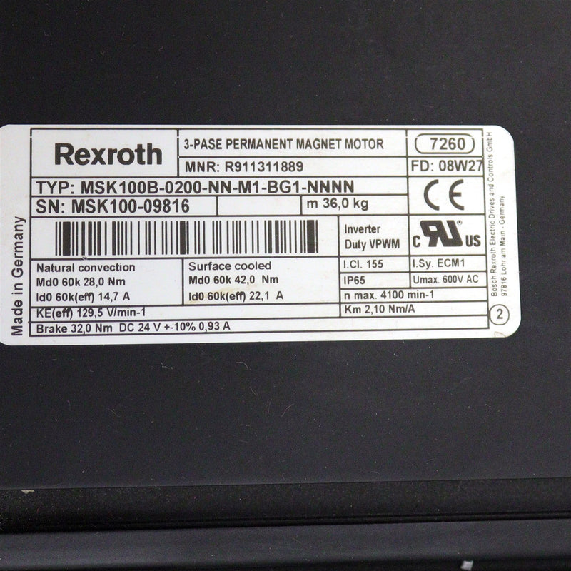 Rexroth 3-Phase Permanent Magnet Motor MSK100B-0200-NN-M1-BG1-NNNN