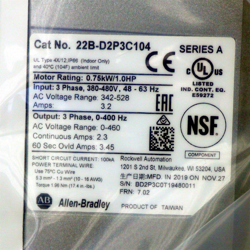 ALLEN-BRADLEY PowerFlex 40 Adjustable Frequency Drive 22B-D2P3C104*NEW OPEN BOX*