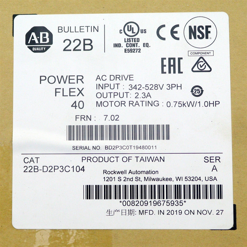 ALLEN-BRADLEY PowerFlex 40 Adjustable Frequency Drive 22B-D2P3C104*NEW OPEN BOX*