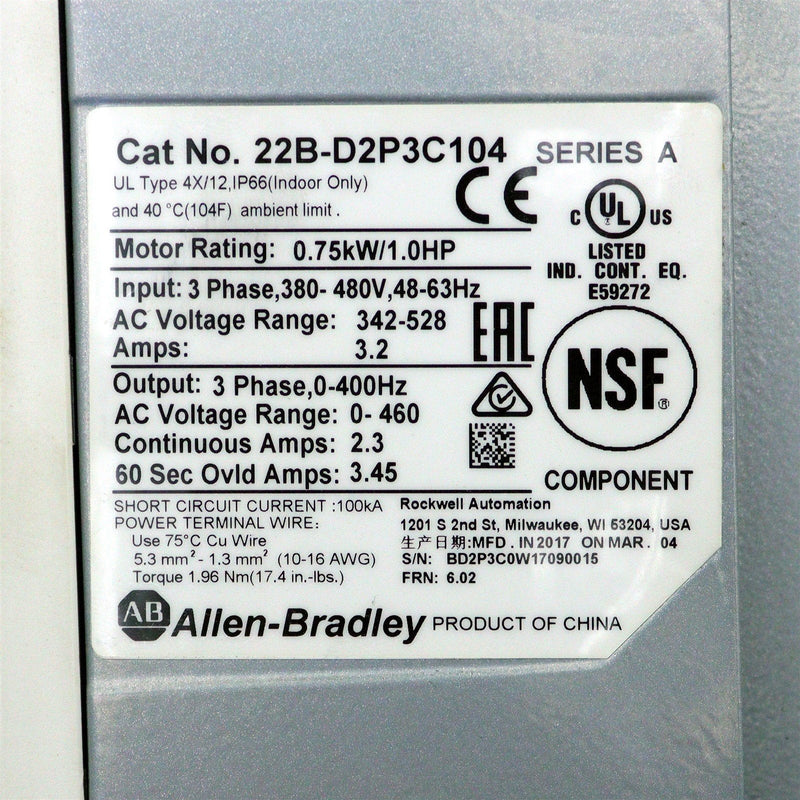 ALLEN-BRADLEY PowerFlex 40 Adjustable Frequency AC Drive 22B-D2P3C104