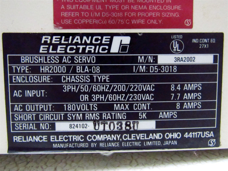 Reliance Electric Brushless AC Servo Drive HR2000 BLA-08