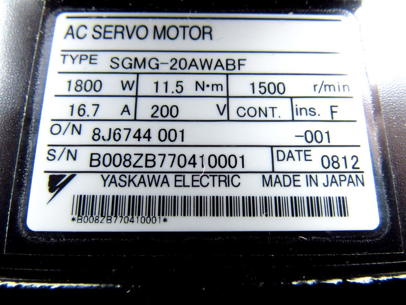 Yaskawa AC Servo Motor 1500RMP 1800W 16.7A 200V SGMG-20AWABF *New Open Box*