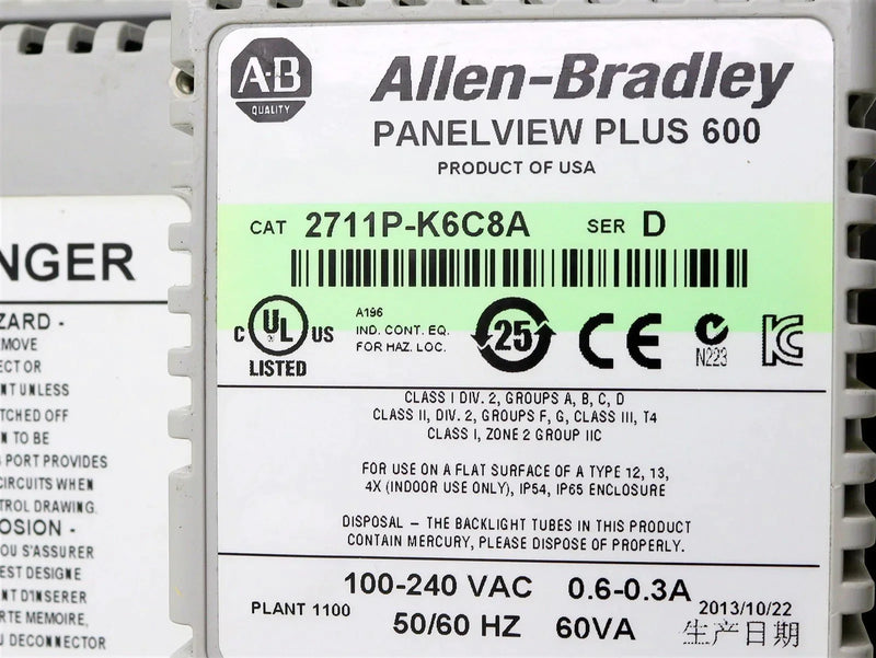Allen Bradley PanelView Plus 600 2711P-K6C8A SER. D *Tested*