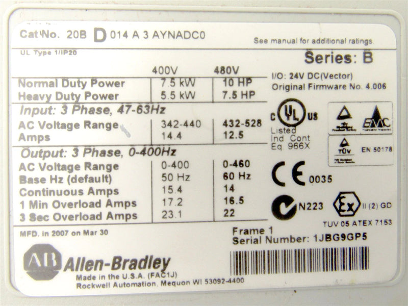 Allen Bradley Power Flex 700 AC Drive 20BD014A3AYNADC0 Ser. B