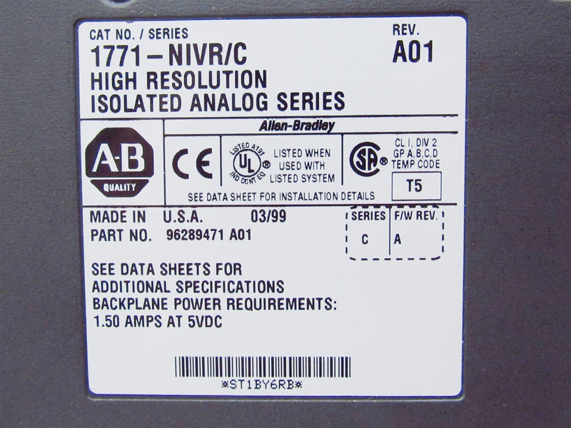Allen Bradley High Resolution Isolated Analog Series PLC 1771-NIVR Ser. C