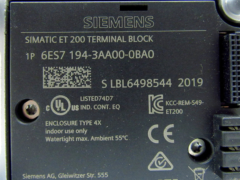 Siemens Simatic ET200 Terminal Block 6ES7194-3AA00-0BA0 *New Open Box*