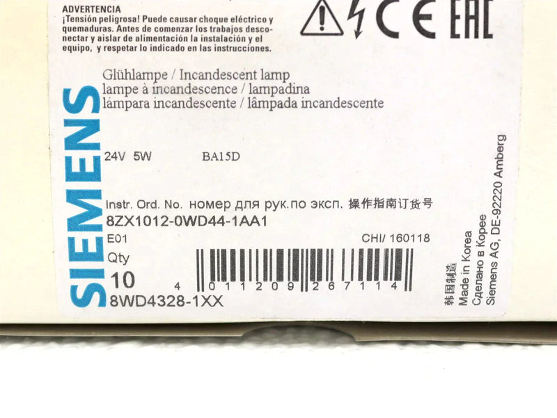 Siemens 10ct Incandescent Lamps 24V, 5W, BA15D 8WD4328-1XX *New Open Box*