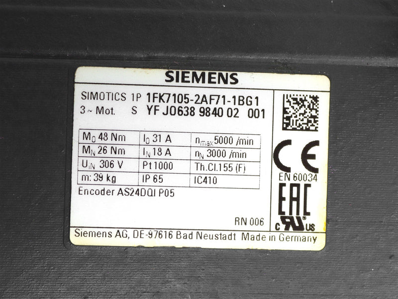 Siemens Simatics Synchronous Motor 1FK7105-2AF71-1BG1