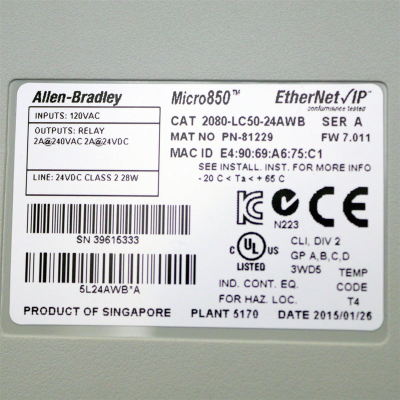Allen Bradley Micro850 EtherNet IP 2080-LC50-24AWB