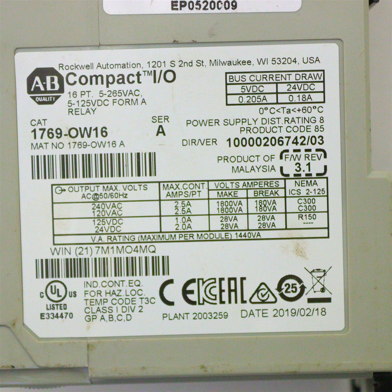 Allen Bradley Compact I/O Module 1769-OW16 *CLEANED AND TESTED*