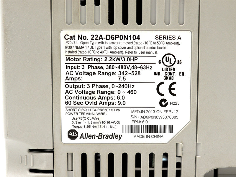 Allen Bradley Powerflex 4 AC Drive 22A-D6P0N104 Ser. A
