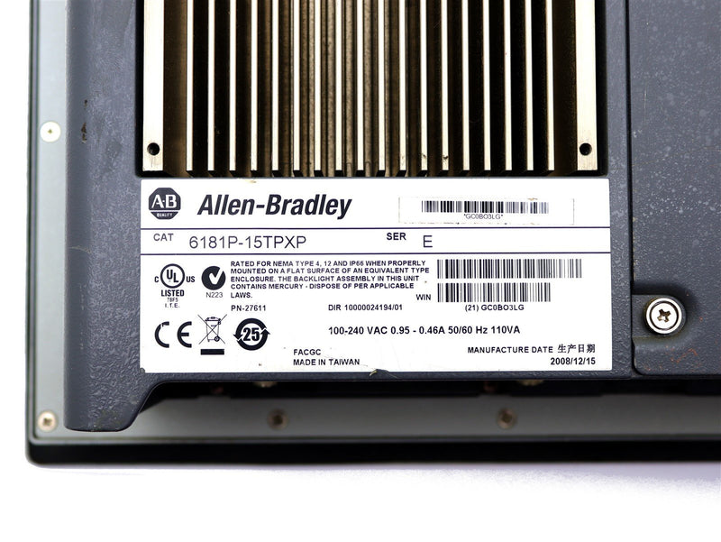 Allen Bradley Display Computer 1500P w/ Windows XP Pro 6181P-15TPXP Ser. E