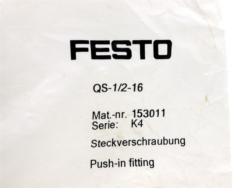 Festo Push-in-Fitting QS-1/2-16 153011 *New Open Bags* *Lot of 6*